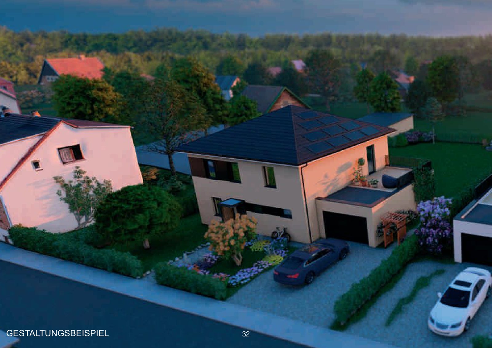 Gestaltungsbeispiel: Straßenansicht der Häuser am Abend
